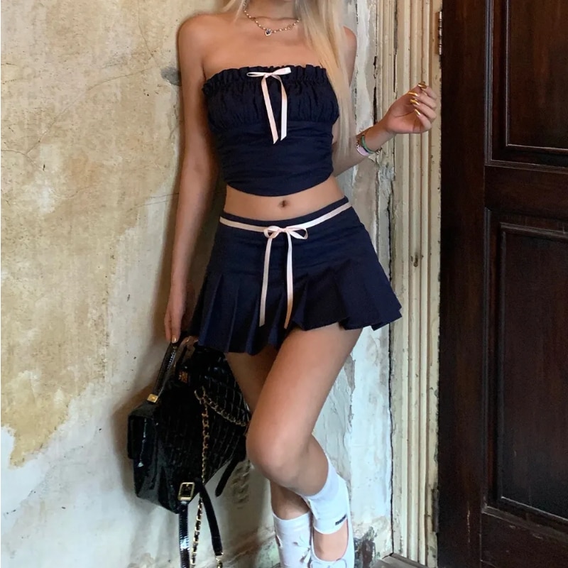 HOUZHOU Skirt Sets Women Fashion Sexy Sleeveless Tube Top Bow Patchwork Elegant Low Waist A-line Pleated Mini Skirt 2 Piece Set