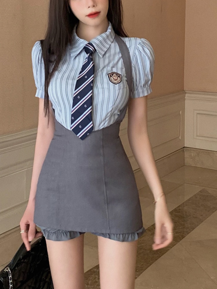 Striped Preppy Style Two Piece Set Women Sexy Party Slim Mini Dress Suit Female Korean Casual Blouses＋Sweet Suspender Dress 2023