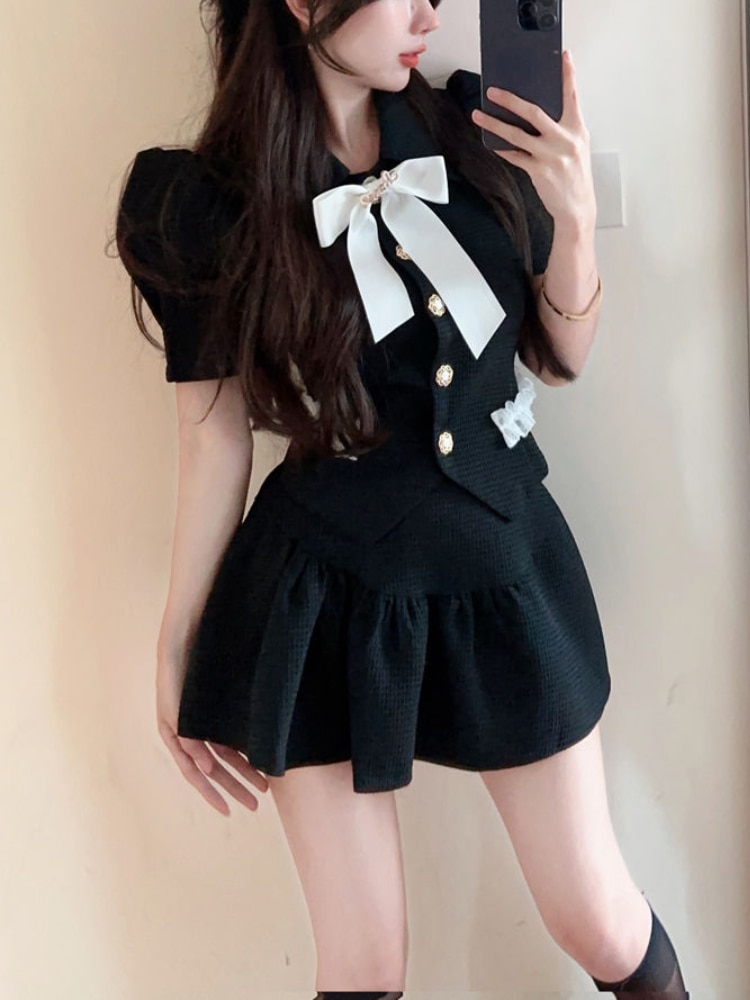 Black France Vintage Two Piece Set Women Korean Style Bow Elegant Mini Skirt Suit Female Office Lady Puff Sleeve Sweet Sets 2023