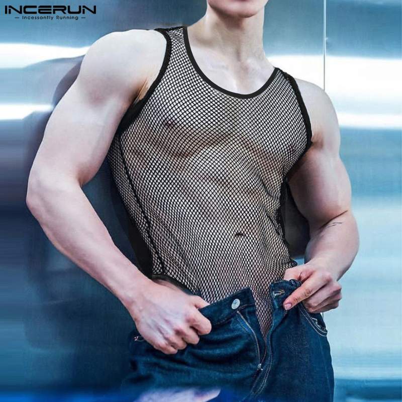 2023 Fashion Men Bodysuits Mesh Transparent O-neck Summer Sleeveless Fitness Rompers Tank Tops Sexy Male Bodysuit S-5XL INCERUN