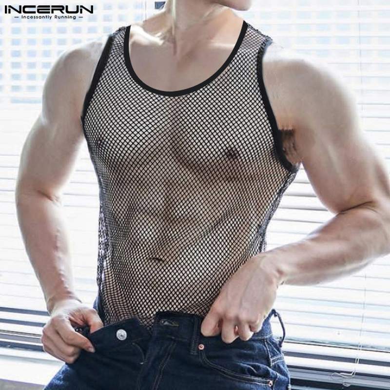 2023 Fashion Men Bodysuits Mesh Transparent O-neck Sleeveless Rompers Tank Tops Summer Fitness Sexy Male Bodysuit S-5XL INCERUN
