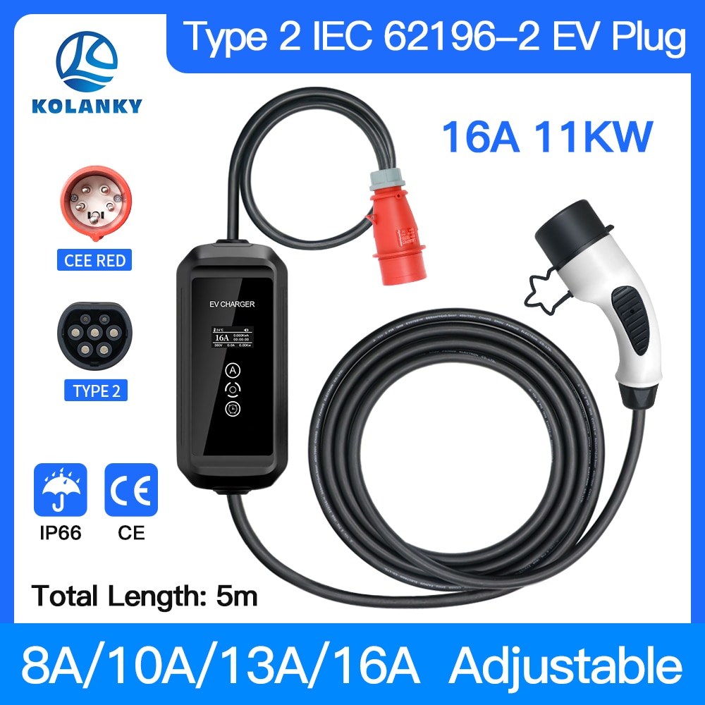 Portable EV Charger 16A 3P 11KW Type 2 Wallbox IEC-62169 Standard Plug Charging For Eletric Vehicle PHEV Hybrid Cars Cable 5M
