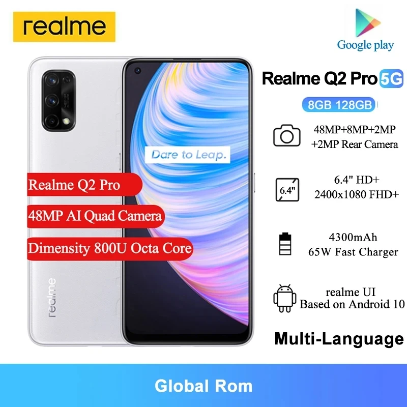 Realme Q2 Pro 5G Smartphone 6.4'' Dimensity 800U Octa Core 4300mAh 65W Fast Charger 48MP AI Quad Camera Mobile Phone