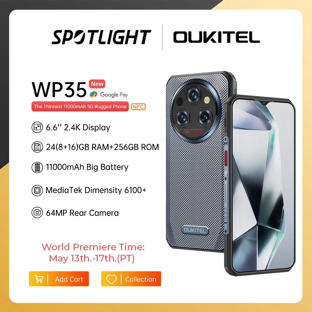 Oukitel WP35 5G Rugged Smartphone 6.6" 2.4K 11000 mAh 24GB+256GB Mobile Phone Android 14 108 MP NFC Cell Phone