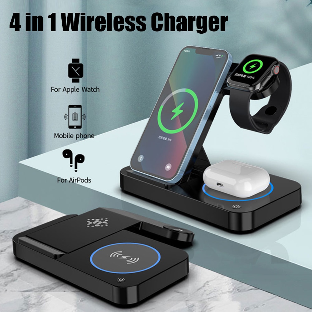 4 in 1 Foldable Wireless Charging Station For iPhone 14 13 12 Magnetic Holder For Apple Watch Airpods 2 3 Pro Earphone Charger