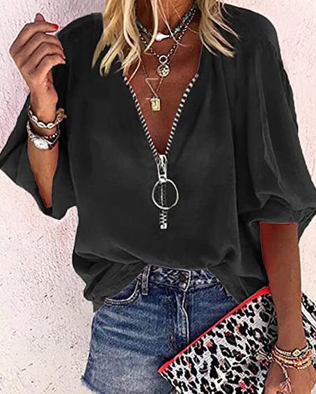 Fashion Woman Blouse 2023 Summer New Casual Solid Long Sleeve V-Neck Zipper Design Shirt Top Street Apparel Y2K