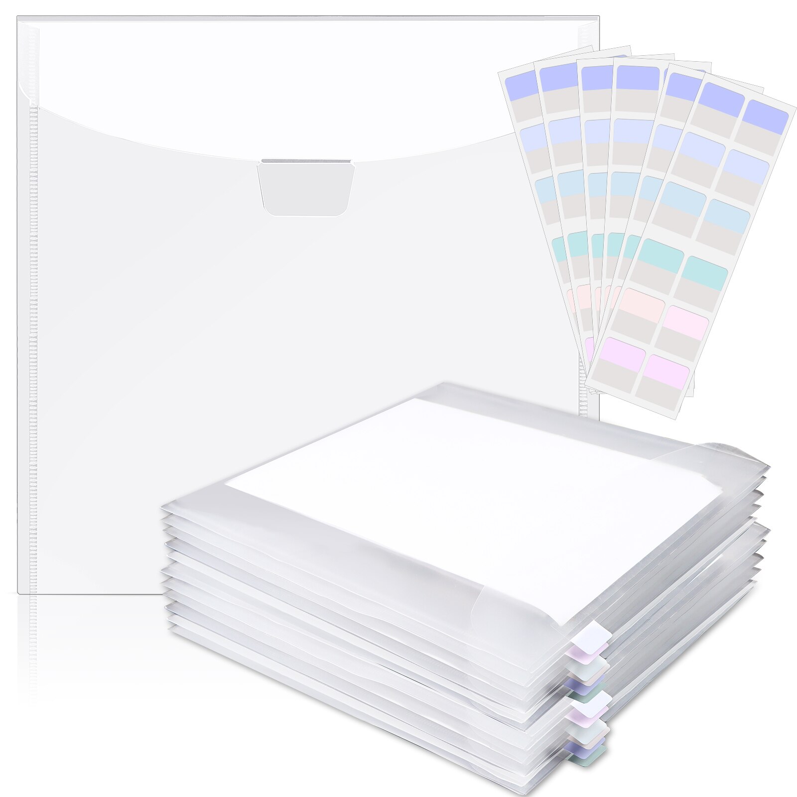 50Pcs PVC Clear Scrapbook Paper Storage Bags with 120Pcs Sticky Index Tabs for Holding Scrapbook Paper Vinyl Paper File Photos