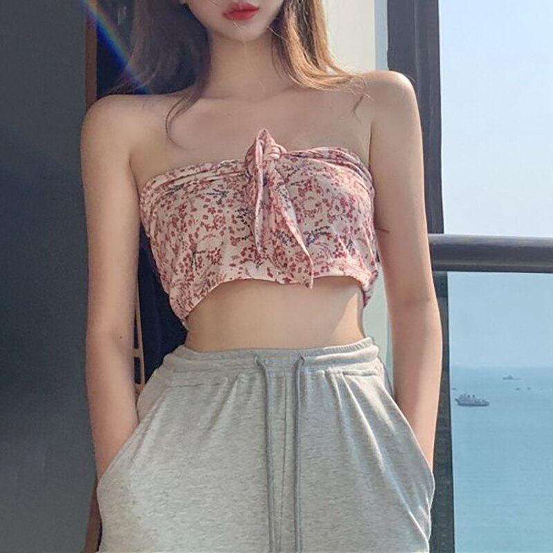 1Pc Woman Stretch Tube Top Cute Print Camisole Sweet Style Corset Bowknot Design Romantic Sexy Sleeveless Tank Top