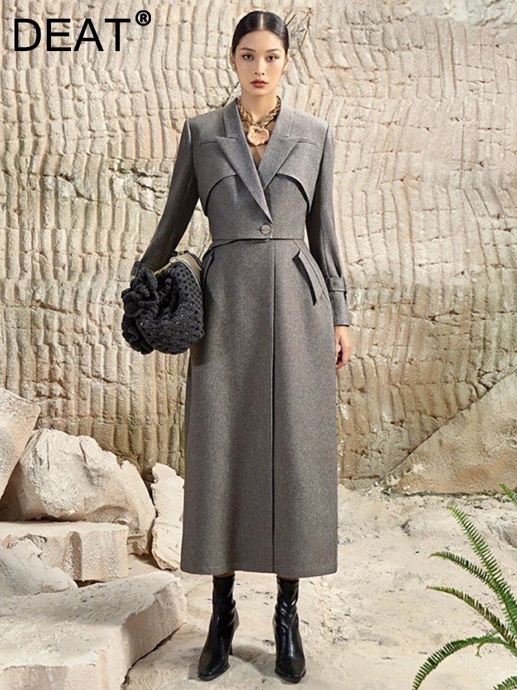DEAT Women's 2 Pcs Set Single Button Notched Collar Long Sleeve Coat V-neck Lace-up Waist Dress Suit Autumn 2023 New 13DB31