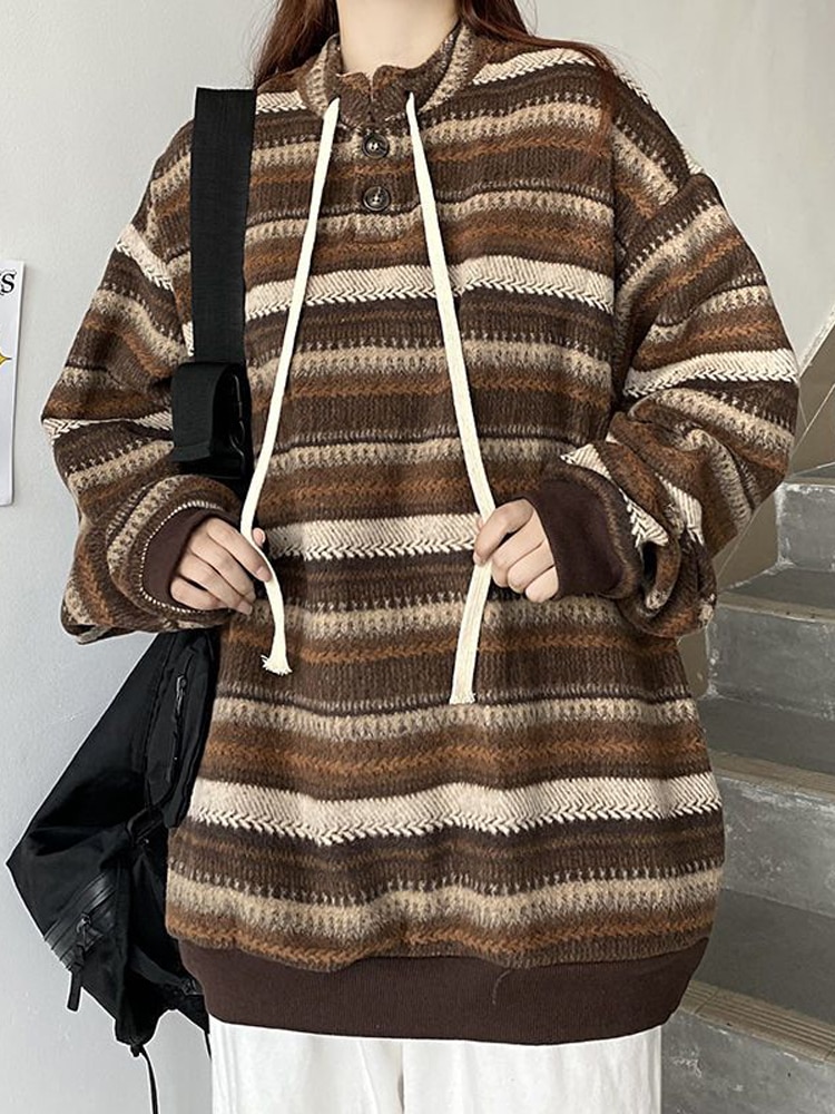 Vintage Striped Oversize Sweater Women Autumn Warm Knitted Pullover Female Retro Hip Hop Loose Casual Drawstring Knitwear Ladies
