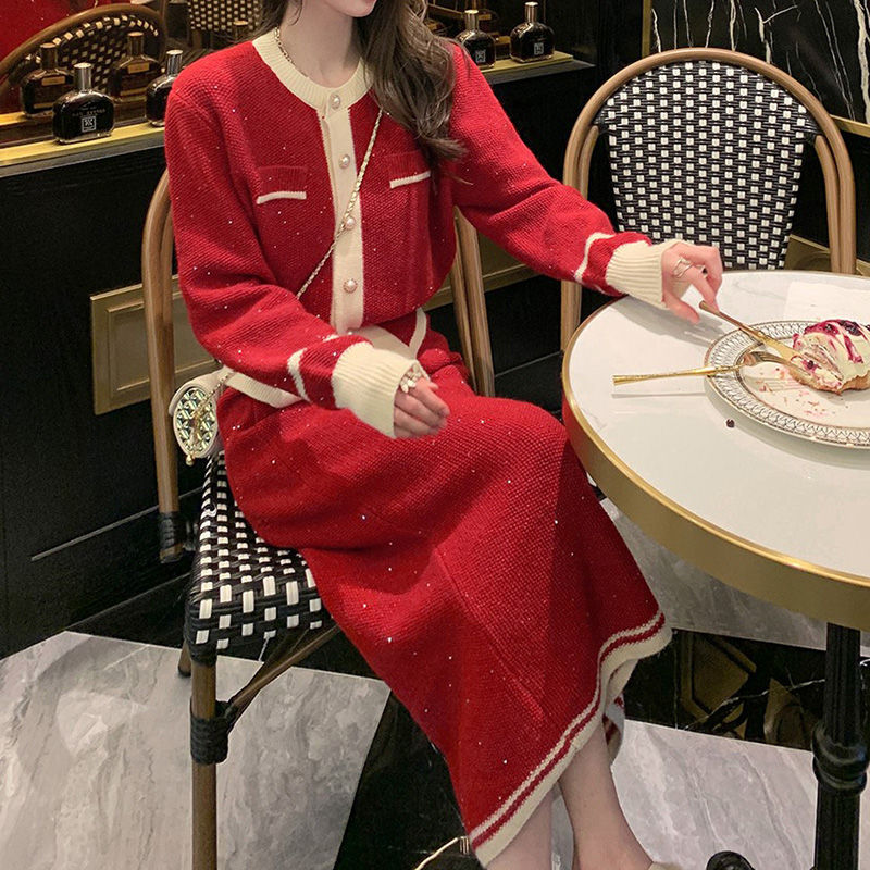 Spring Autumn Fragrance Fashion Set Skirt 2023 New Arrival Slim Sweater Cardigan Knitted Half Skirt Two Piece Set For Women