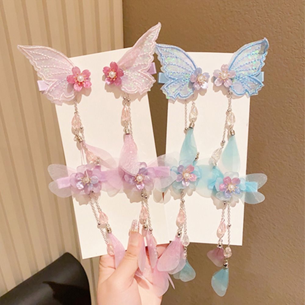 2Pcs/Set Chinese Style Children Girl Elegant Butterfly Hairpin Flowers Tassel Hair Clip Kids Sweet Headdress Hanfu Ornament