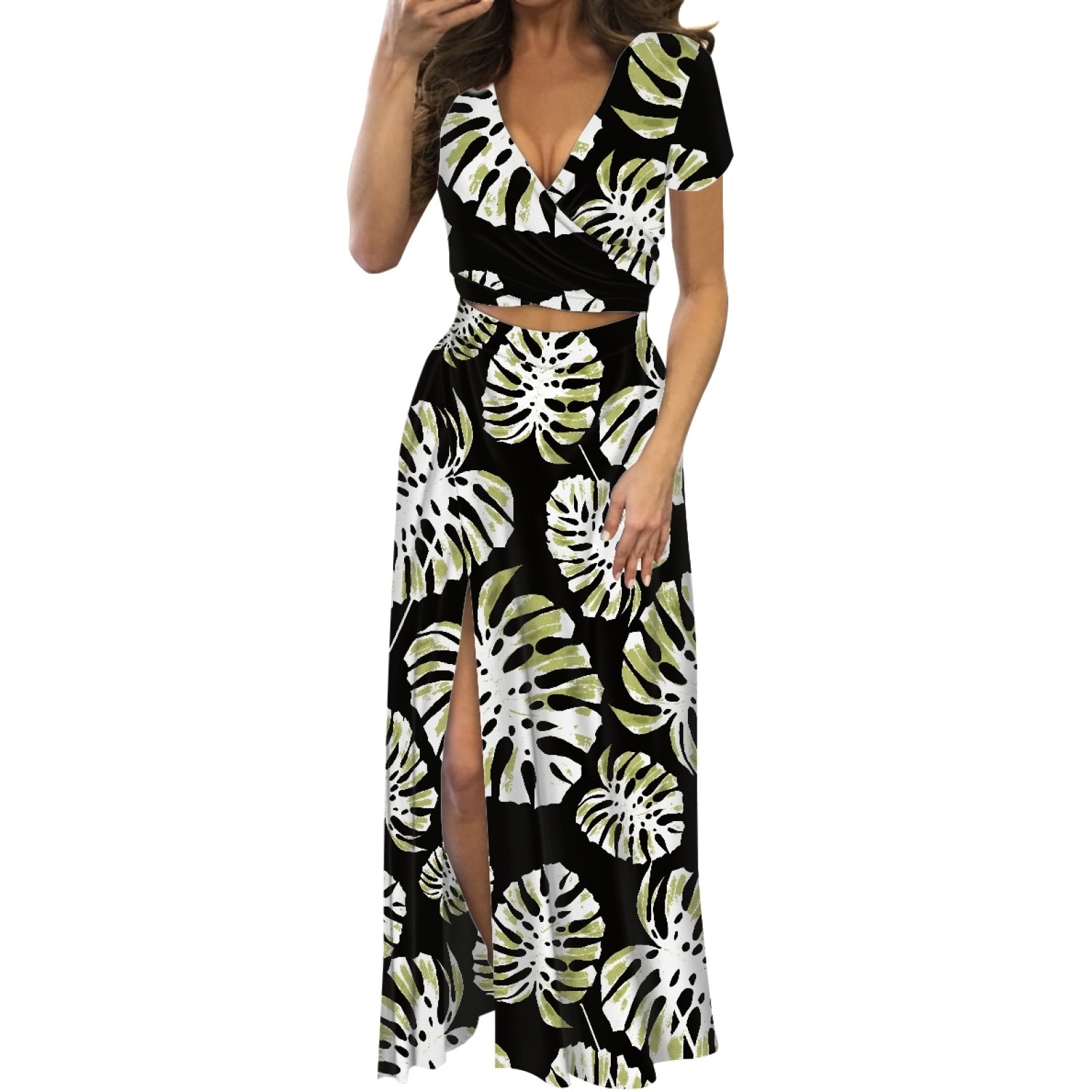 Polynesian Tribal Pohnpei Totem Tattoo Prints New Design Tropical Palm Leaf Motifs Sexy V-neck Short Sleeve Long Dress Set 4XL