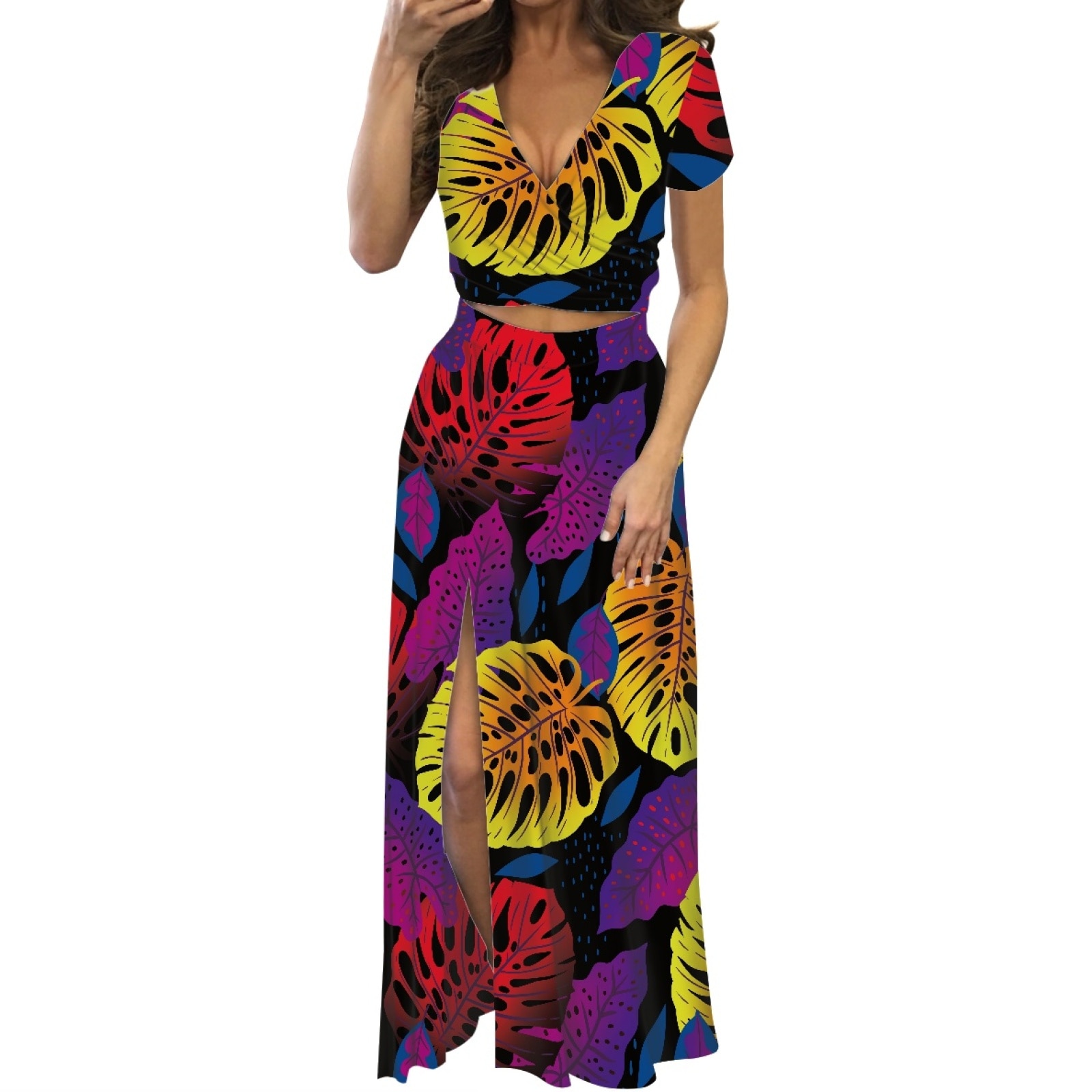 Polynesian Tribal Samoan Totem Tattoo Samoa Prints New Design Tropical Palm Leaf Motifs Sexy V-neck Short Sleeve Long Dress Set