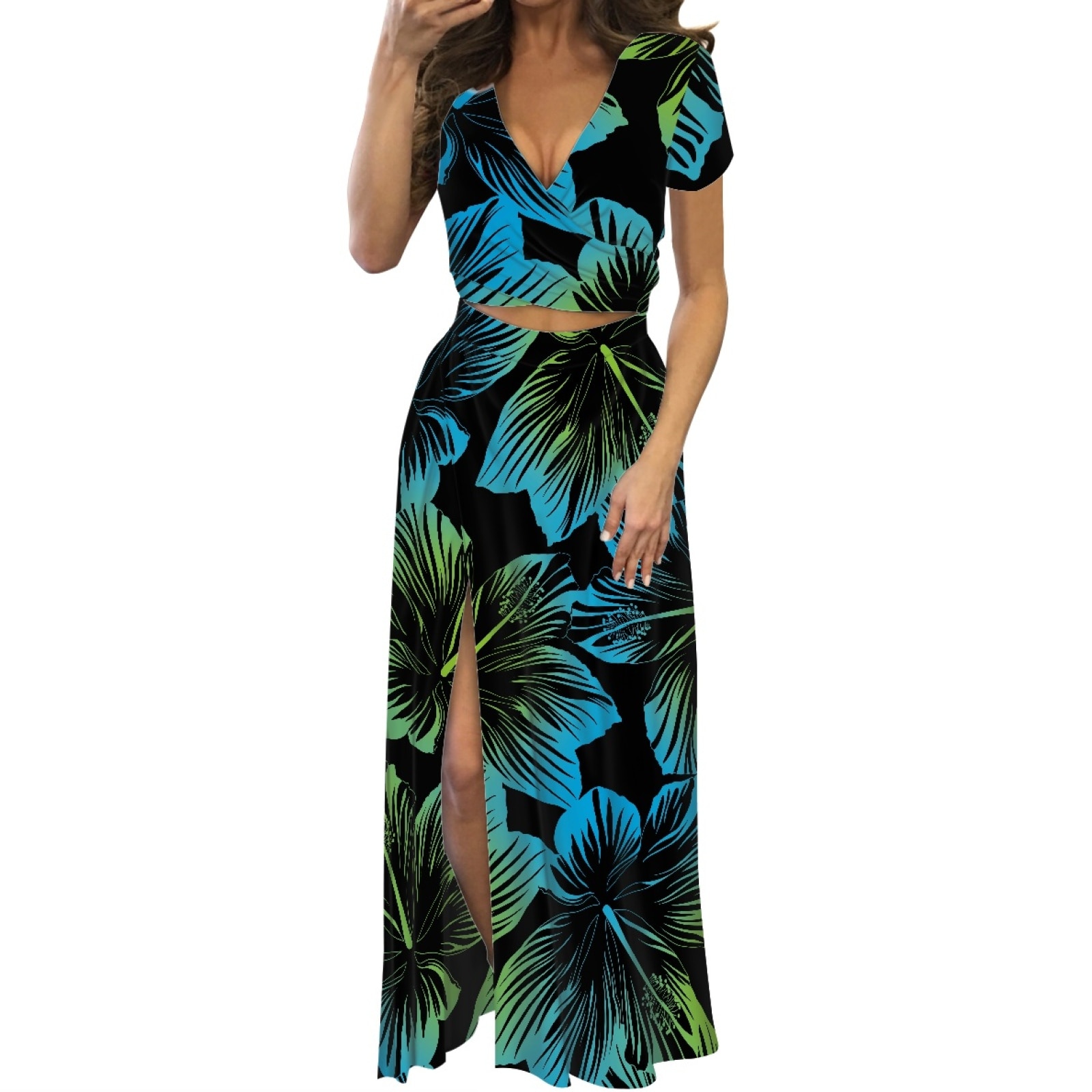 Polynesian Tribal Hawaiian Totem Tattoo Hawaii Prints New Design Tropical Palm Leaf Motifs V-neck Short Sleeve Long Dress Set