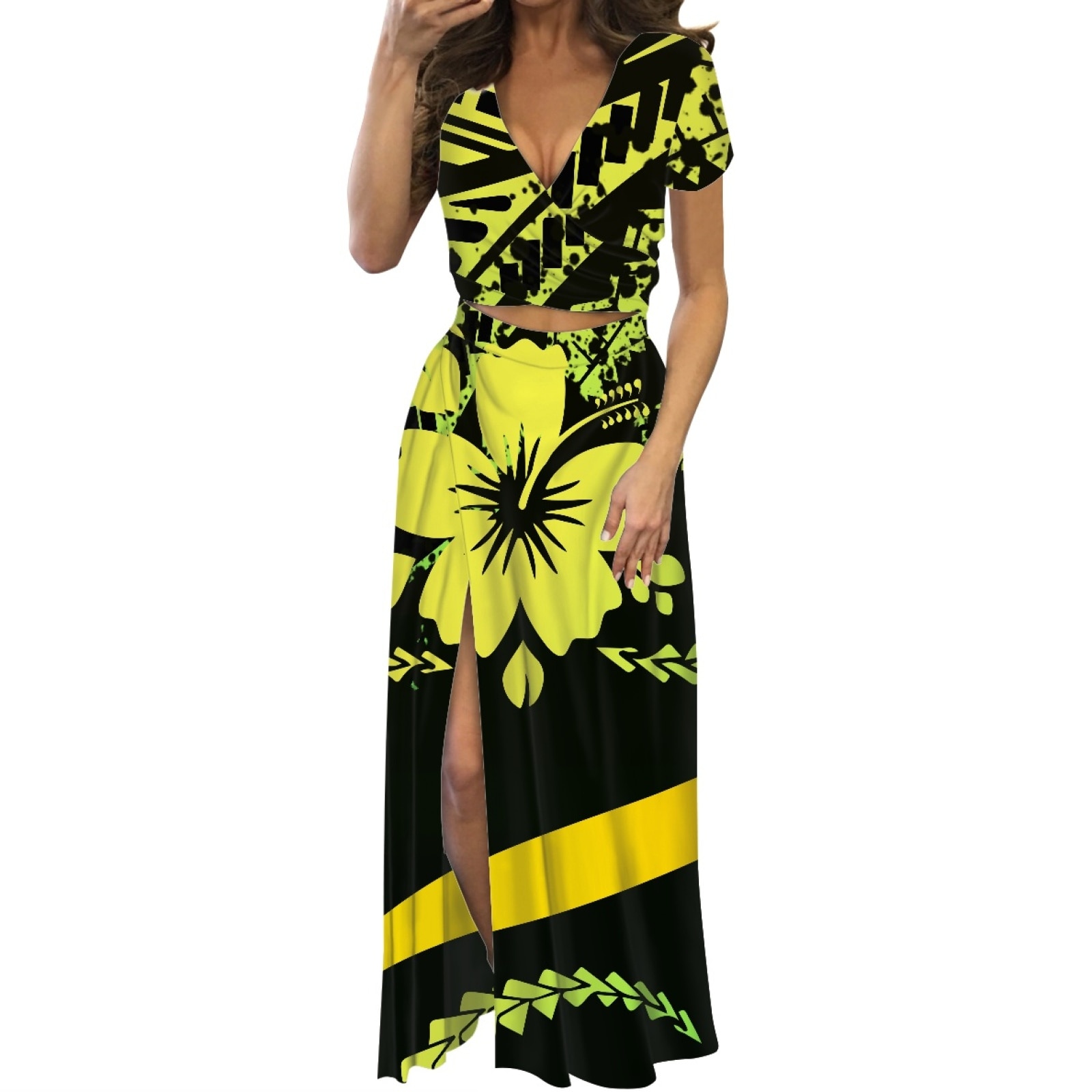 Polynesian Tribal Samoan Totem Tattoo Samoa Prints New Design Luxury ​V-neck Short Sleeve Long Dress Women's Beach Two-Piec