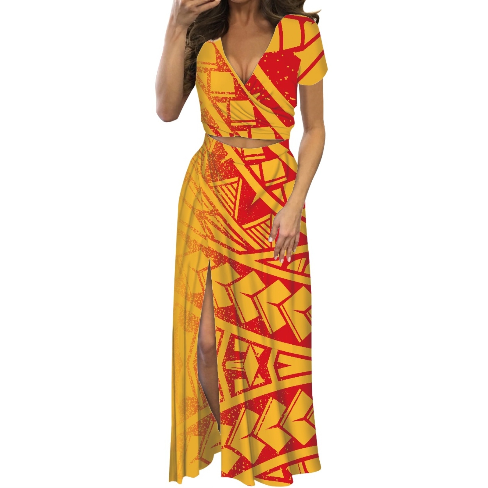 Polynesian Tribal Fijian Totem Tattoo Fiji Prints High Quality Stylish ​Short Sleeve Long Dress Women Street Club Two-Piece Set