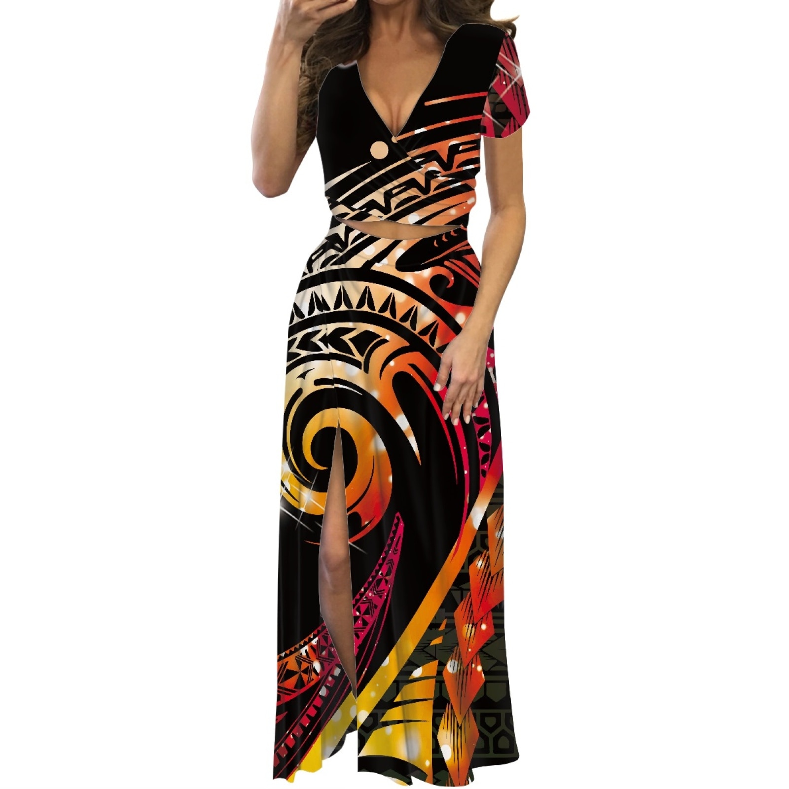 Polynesian Tribal Samoan Totem Tattoo Samoa Prints High Quality Stylish ​Short Sleeve Long Dress Women Street Club Two-Piece Set