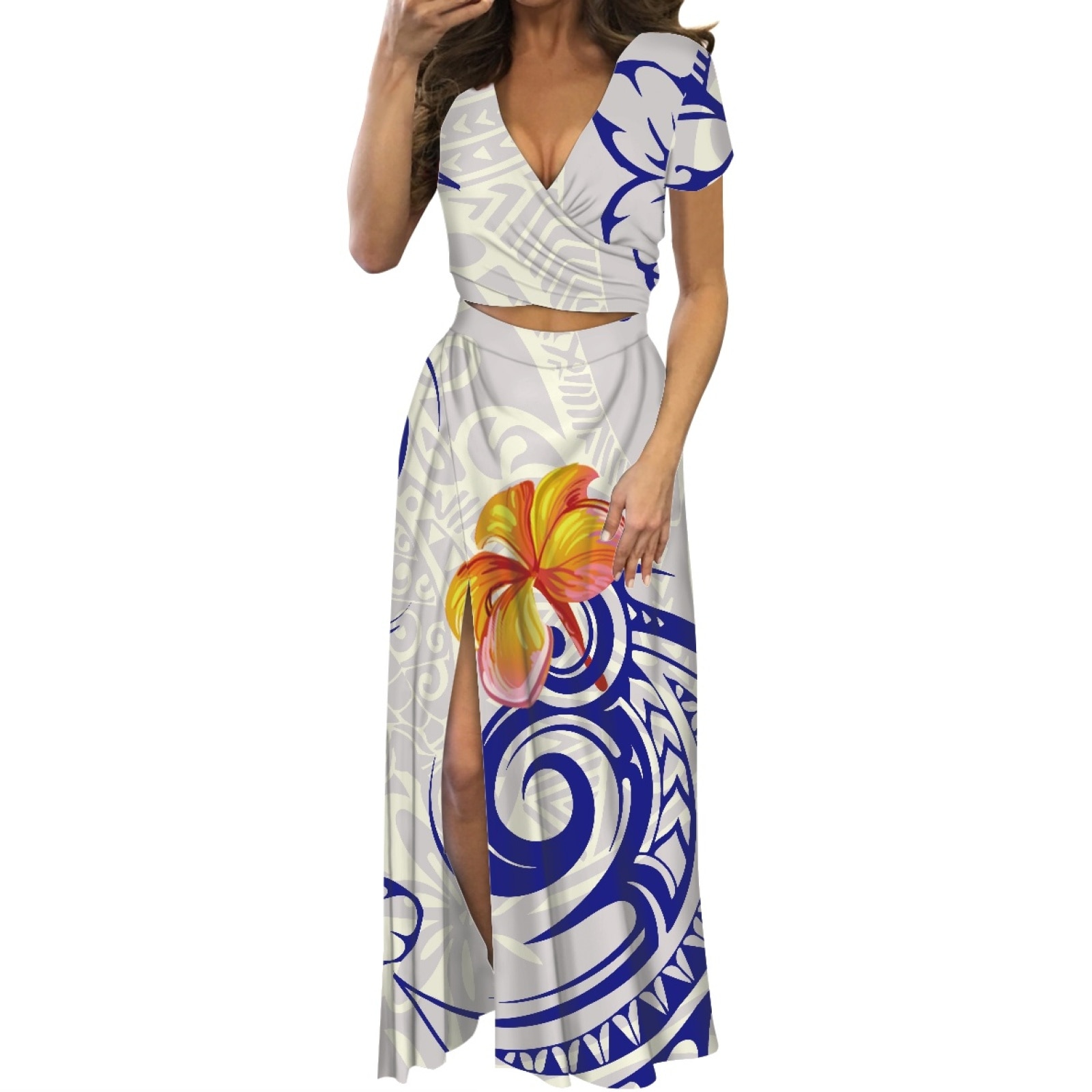 Polynesian Tribal Tongan Totem Tattoo Tonga Prints High Quality Stylish ​Short Sleeve Long Dress Women Street Club Two-Piece Set