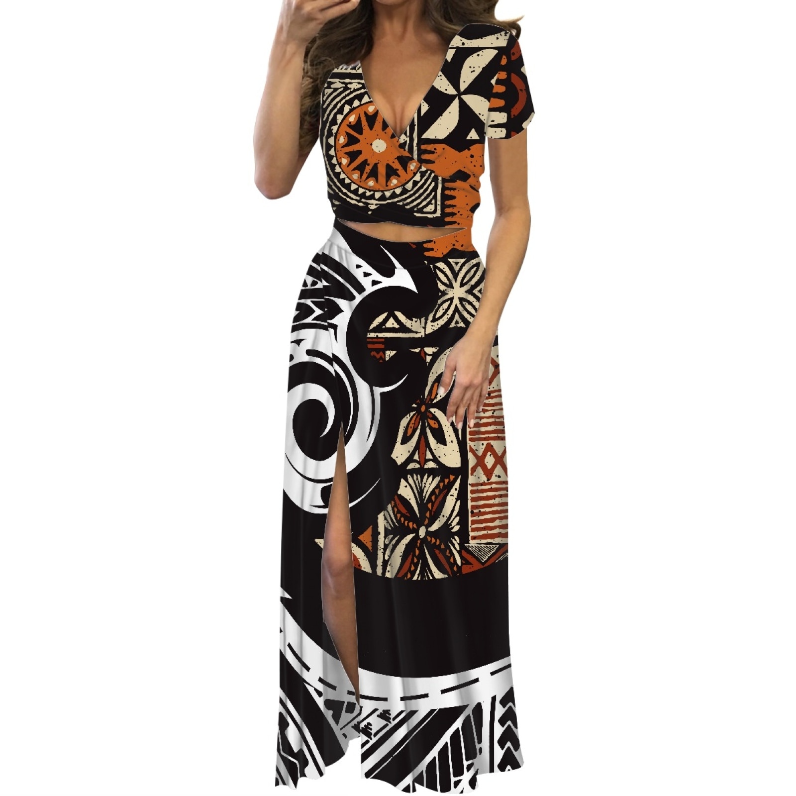 Polynesian Tribal Tongan Totem Tattoo Tonga Prints Fashion Summer Women's Low-Cut Maxi Dress Two-Piece Split Dress Casual W