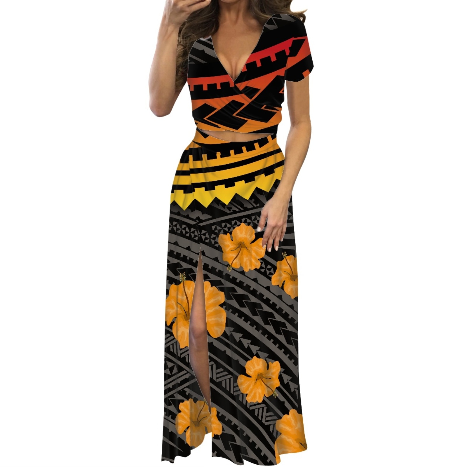 Polynesian Tribal Hawaiian Totem Tattoo Hawaii Prints Fashion Summer Women's Low-Cut Maxi Dress Two-Piece Split Dress Casua