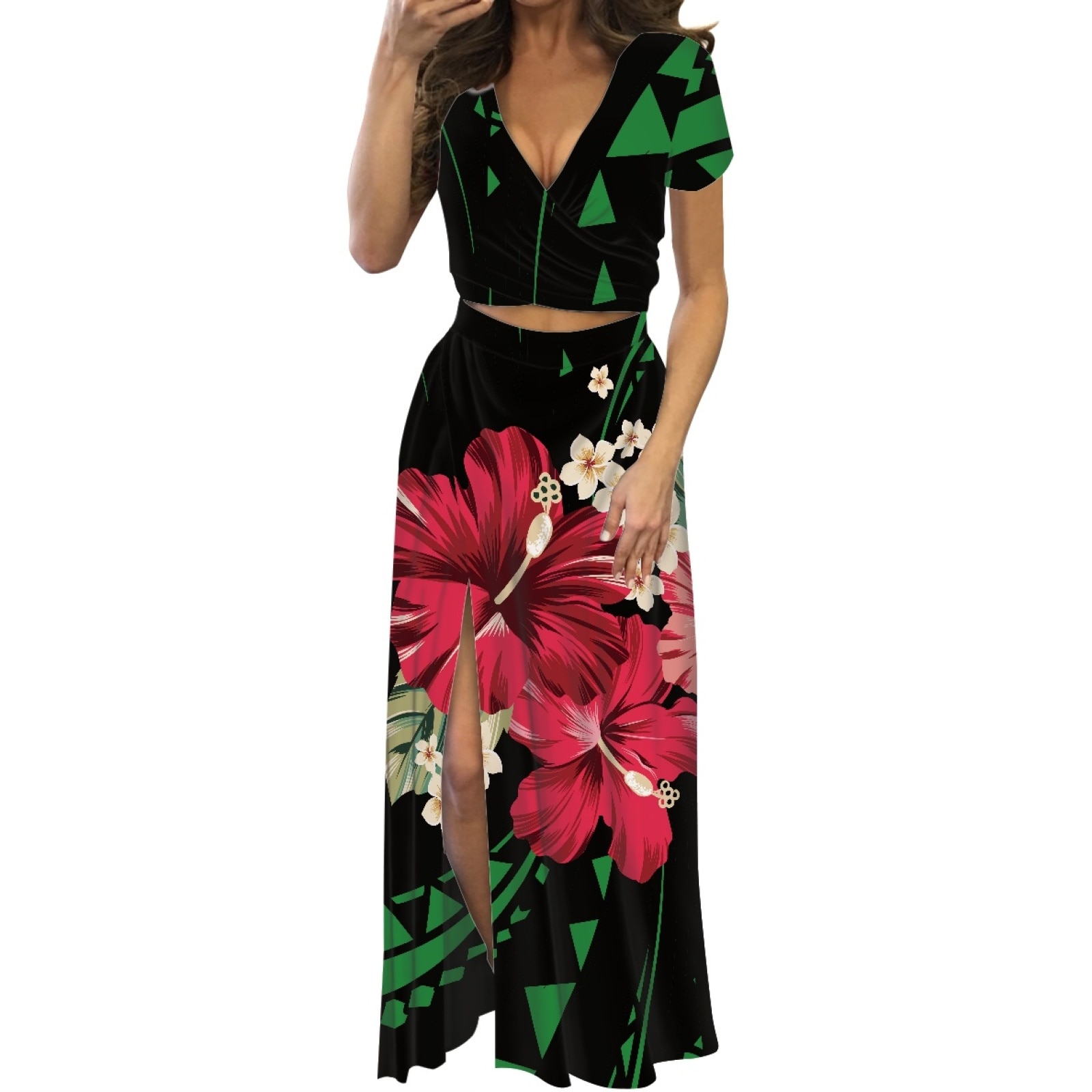 Polynesian Tribal Fijian Totem Tattoo Fiji Prints Fashion Summer Women's Low-Cut Maxi Dress Two-Piece Split Dress Casual We