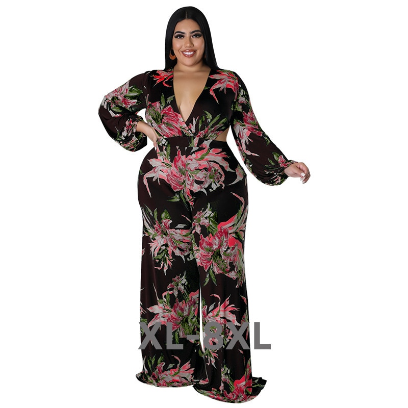 Plus Size Women's Clothing Autumn Big Flower Print Cool Sexy Backless Lace-up Long Sleeves Ladies Jumpsuit 3xl 4xl 5xl 6xl