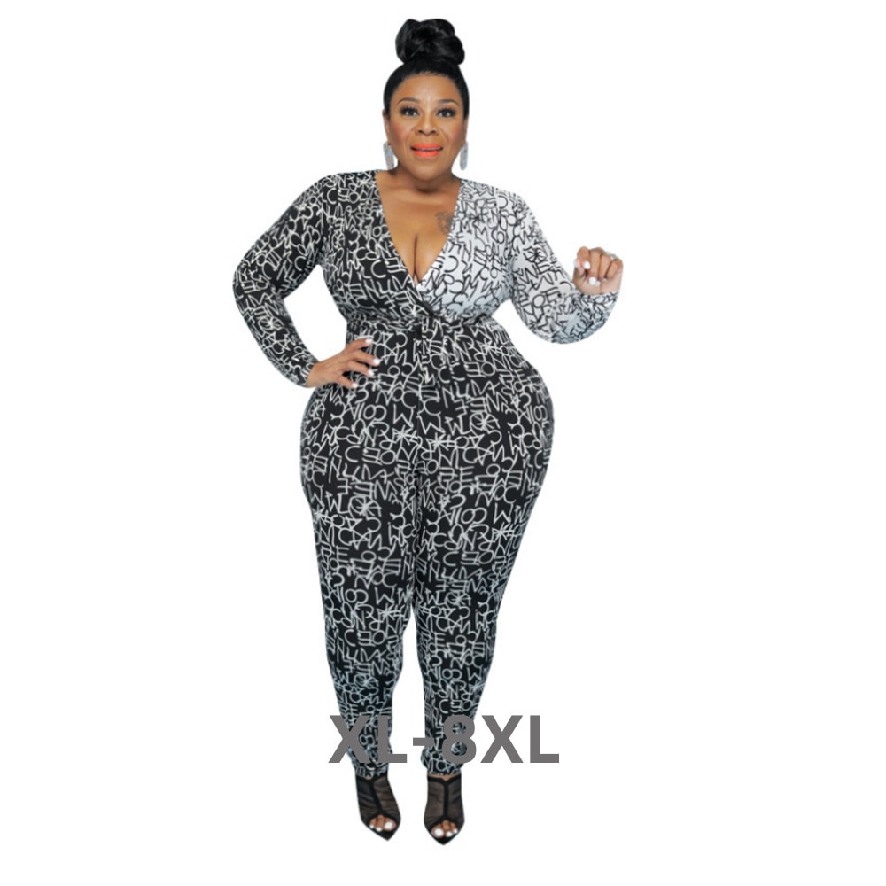 Plus Size Jumpsuit Women's Clothing Autumn New Irregular Letter Fashion Jumpsuit Casual Printing V-neck 3xl 4xl 5xl 6xl