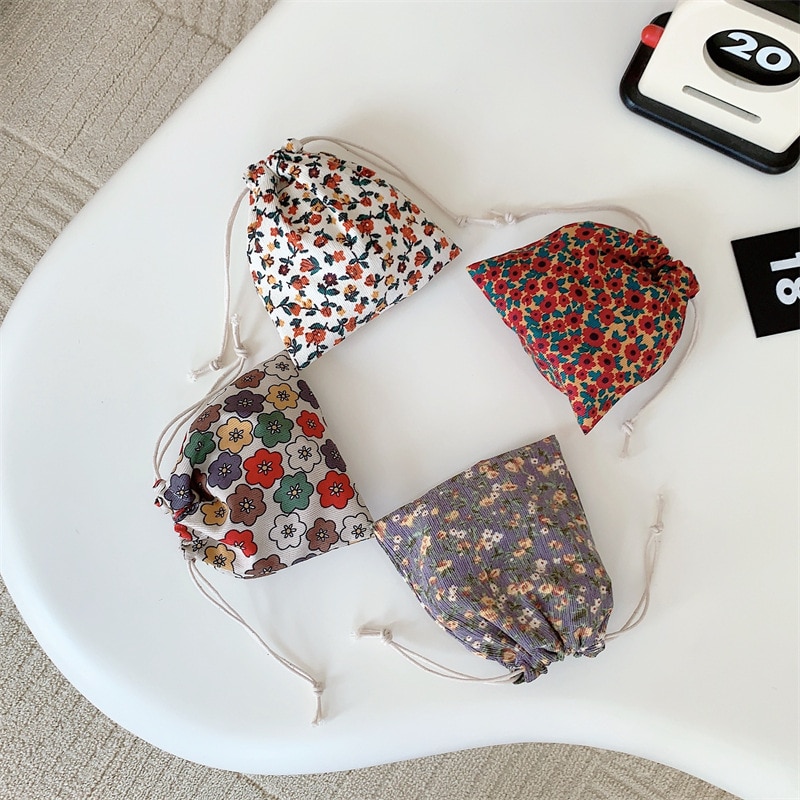 Corduroy Floral Cosmetic Bag Drawstring Cosmetic Jewelry Storage Bag Small Sundries Candy Nuts Convenient Storage Cosmetic Bag