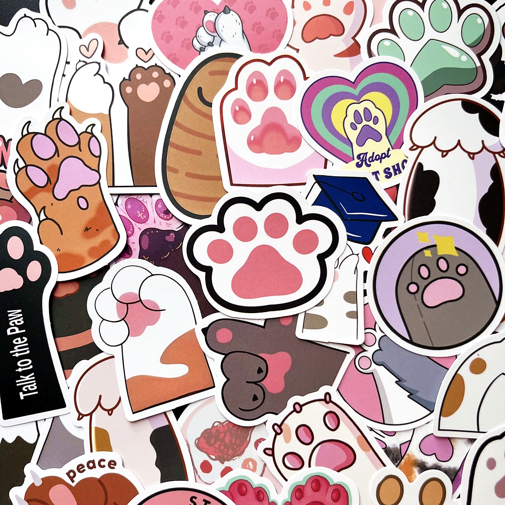 10/61PCS Cute Cat Paw PVC Sticker Aesthetic Children's Decoration Laptop Scrapbooking Korean Stationery School Supplies For