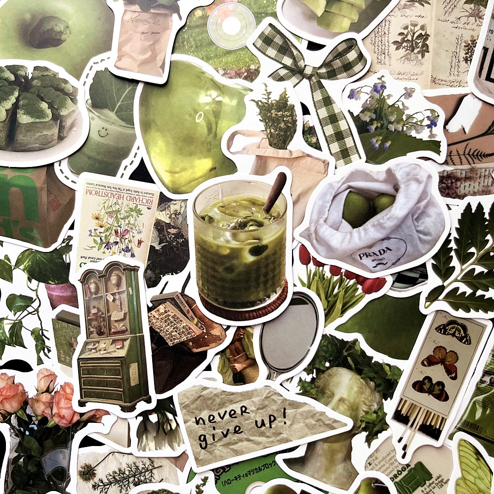 10/61Pcs INS Olive Green PVC Sticker Aesthetic Children's Decoration Scrapbooking Korean Stationery School Supplies For Kid