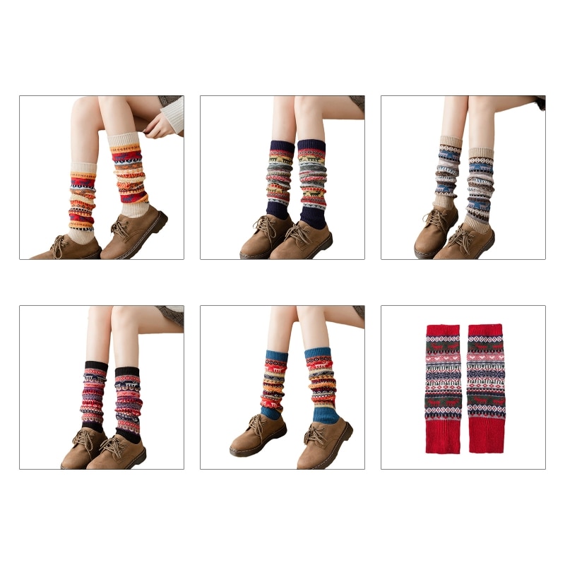 Women Winter Warm Leg Warmers Elk Snowflakes Knitting High Knee Socks Boot Cuffs