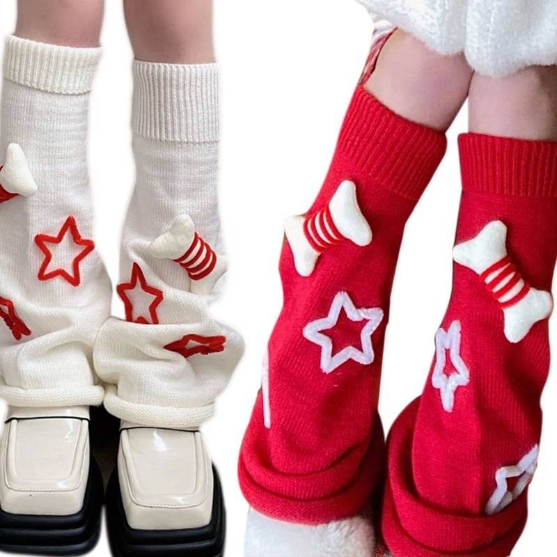 Japanese Women Girls Leg Warmers Socks Harajuku 3D Small Bone Knitted Warm Foot Covers Streetwear