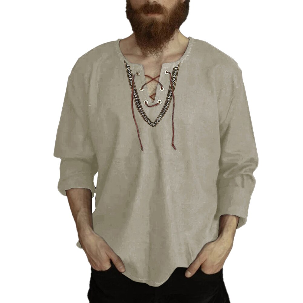 Casual Medieval Vintage Print Drawstring V-neck Long Sleeve T-Shirt For Men Loose Breathable Tee Tops Clothing T Shirts