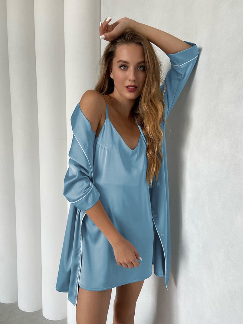 Marthaqiqi Sexy Ladies Nightgowns Spaghetti Strap Nightwear Three Quarter Sleeve Pajama Mini Dress Casual Women Home Clothes