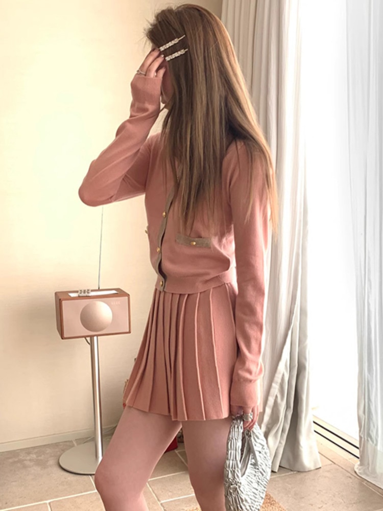 2023 AUTUMN Knitted Two Piece Set For Women cardigan Top + Pleated Skirt Sets Fashion Sweater 2 Piece outfit conjuntos cortos