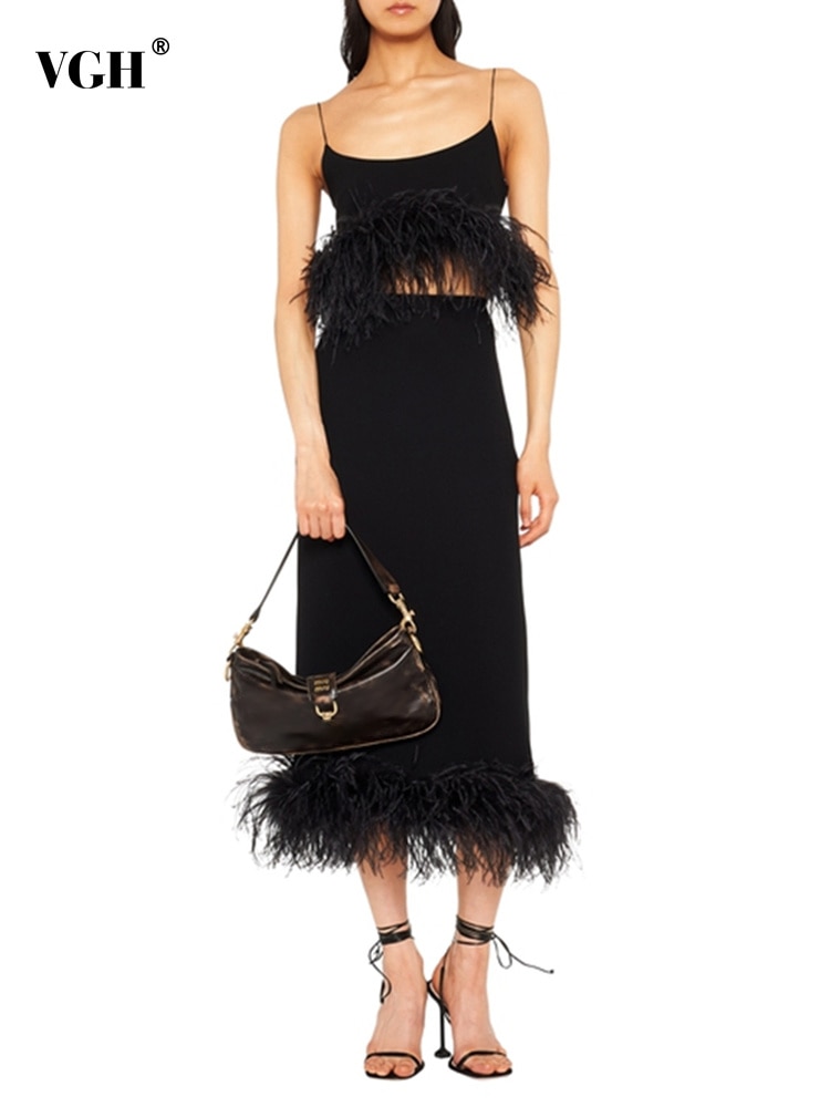 VGH Patchwork Feathers Solid Two Piece Sets For Women Square Collar Crop Top High Waist Split Bodycon Skirt Summer Set Female
