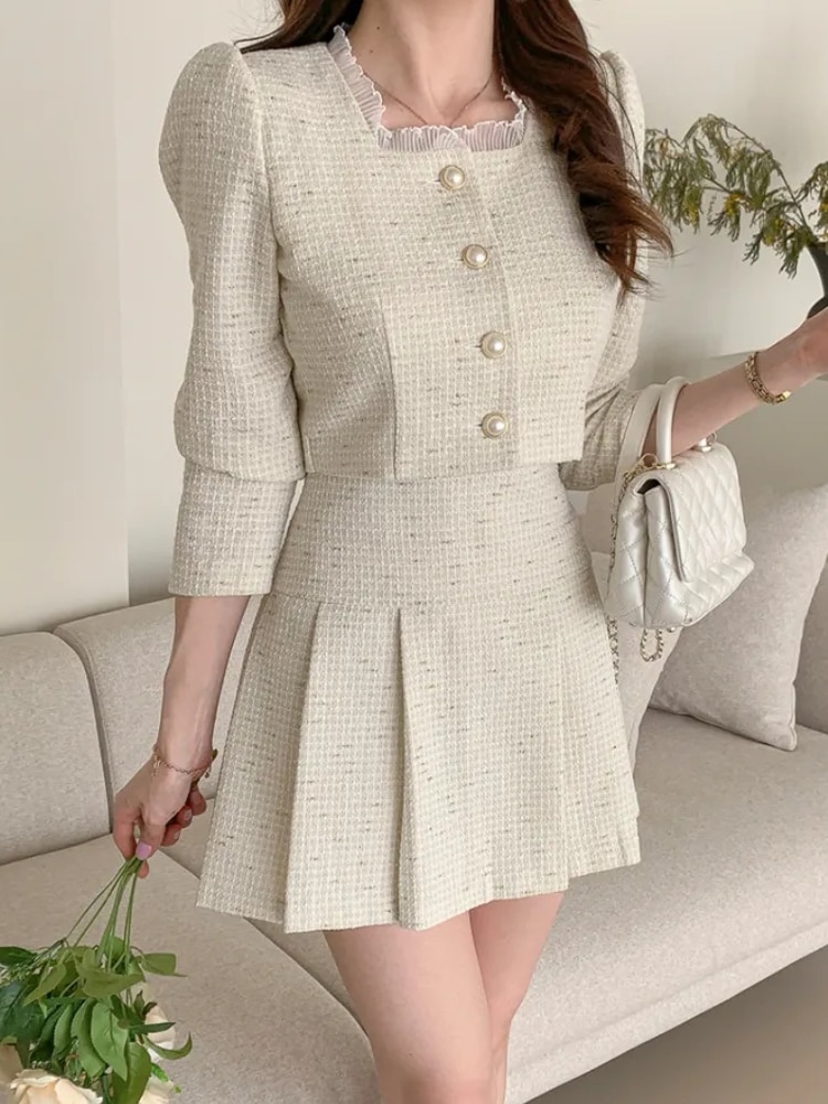 Women Elegant Casual Skirt Sets Autumn Fashion Cropped Blazer Mini Saya 2 Pieces Suit Female Slim Chic Solid Outfits Clothes