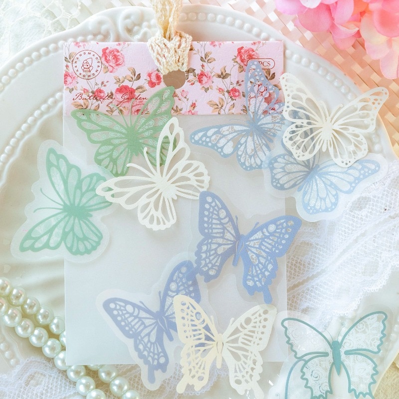 33pcs Lace Colored Yarn Butterfly Moon Decorative DIY Stickers for Handbook Material Scrapbooking Label Diary Journal Planner