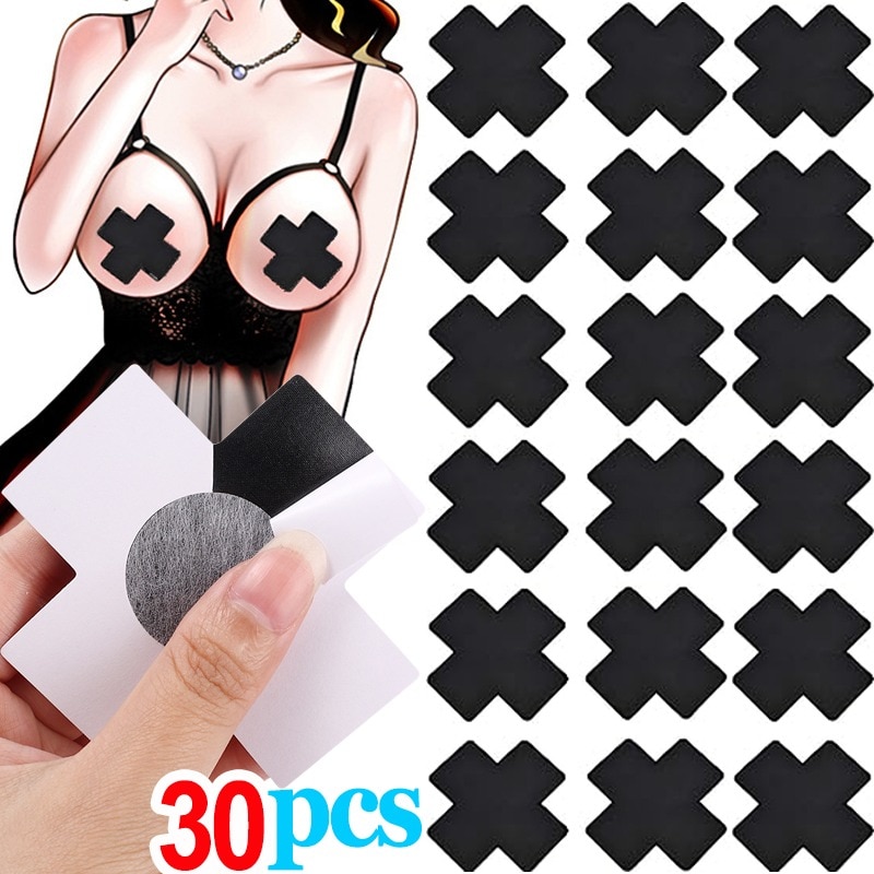 10/30Pcs Sexy Black Cross Nipple Cover Invisible Satin Disposable Breast Patch Chest Sticker Strapless Lingerie Bra Accessories