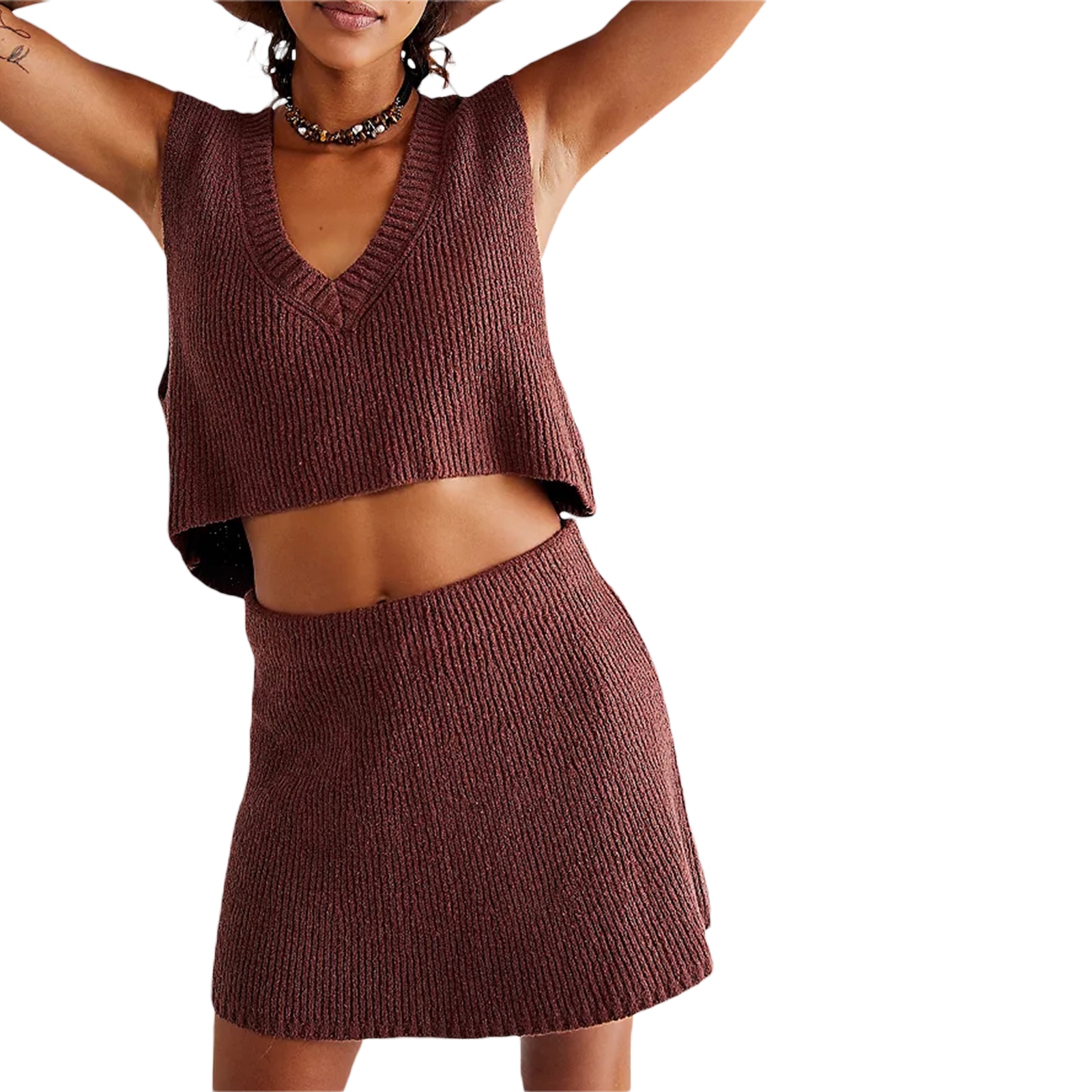 Elegant Summer Fashion Y2K Women Crochet Skirt Set Solid Colors V-Neck Broadcloth Crop Top and Stretch Mini Skirt
