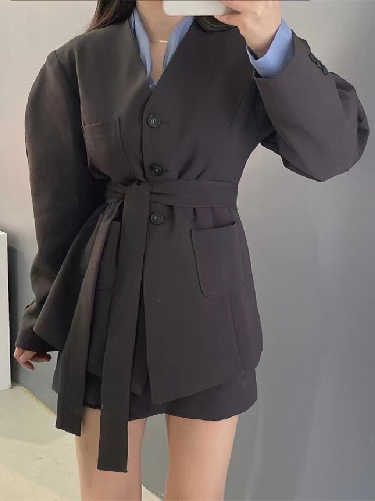 Korean Fashion Office Lady Blazer 2 Piece Sets Women Outfit Autumn V-neck Suit Jacket + Mini Skirt Two Piece Set for Women