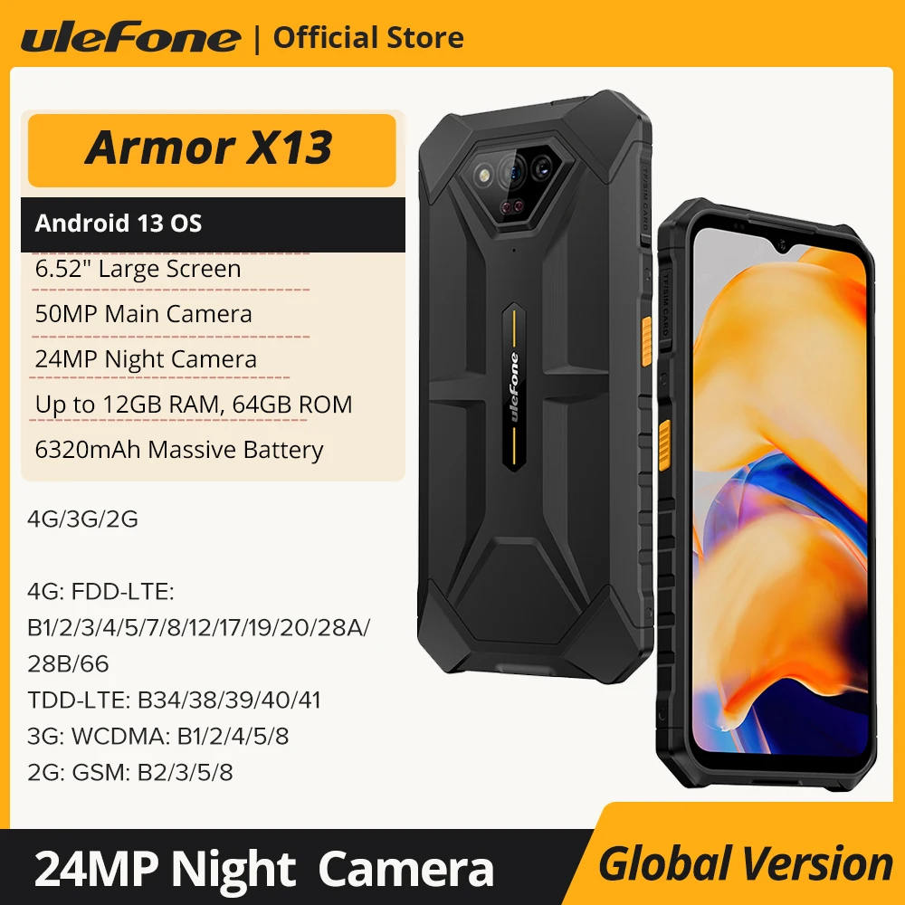 Ulefone Armor X13 Rugged Phone Up to 12GB RAM + 64GB ROM Android 15 Smartphone 6320mAh 50MP 6.52" NFC 4G GPS Global Version