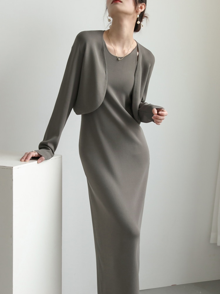 Korea Women Bodycon 2 Piece Dress Set Spaghetti Strap Slim Knitted Dresses Long Sleeve Cardigan Suits Fashion Solid Outfits