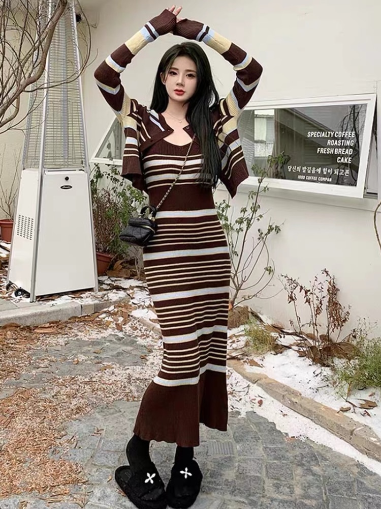 Vintage Stripe Knitting Two Piece Set Women Single Breasted Sweater Crop Coat + Sexy Spaghetti Strap Dress Sets Spring Ladies
