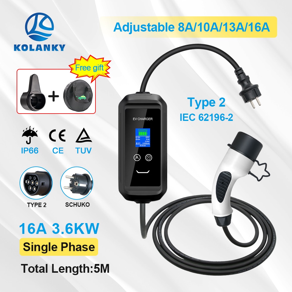 Adjust Current Timer 1-12Hour EV Charger 16A 3.6KW Type 2 IEC-62169 EU Plug Charging For Eletrice Vehicle PHEV Cars Cable 5M