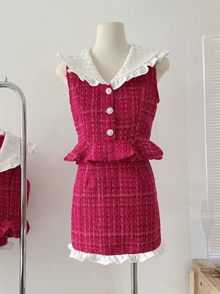 French Small Fragrance Tweed 2023 Summer New Lapel Sleeveless Beaded Ruffled Woolen Top + High Waist A-line Skirt Suit for Women
