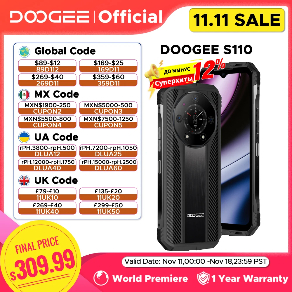 World Premiere DOOGEE S110 Rugged Phone 6.58” FHD Waterdrop Screen Helio G99 Octa Core 66W Fast Charging 10800mAh Battery Phone