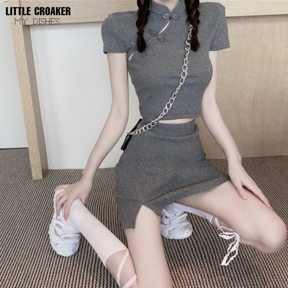Fashion Qipao Style Diagonal Buckle Short Sleeve New T-shirt Women's High Waist Sexy Split Short Wrap Hip Skirt Set Women