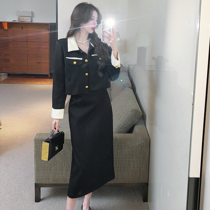 Small Fragrance Autumn 2023 New Arrival Skirt Suits Contrast Color Button Tops + High Waist A-line Elegant Skirts Two Pieces Set